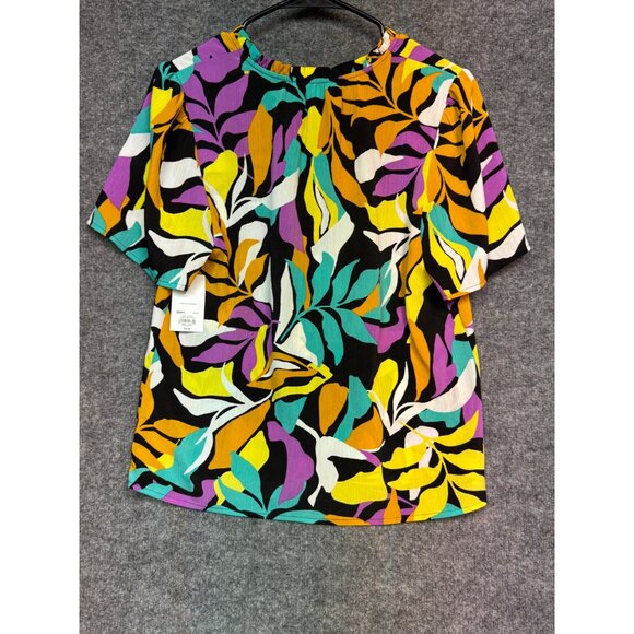 Nine West Top Women’s M Multicolor Abstract Leaf Print Short Sleeve Tie Neck Top - Picture 12 of 12